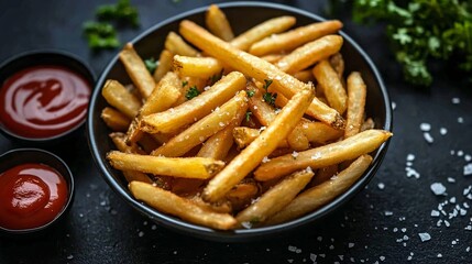 A close-up shot of golden crispy French fries perfectly stacked on a wooden board with a sprinkle of sea salt highlighting the texture and crispiness of the fries Camera lens 50mm Stock Photo with