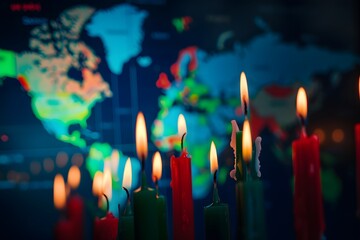 A stock market candlestick chart with green and red candles on a black background, representing the concept of world global trade and finance