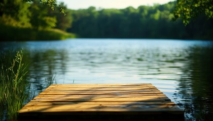 Obraz premium Tranquil wooden dock by a serene lake surrounded by lush greenery, perfect for relaxation and nature appreciation.
