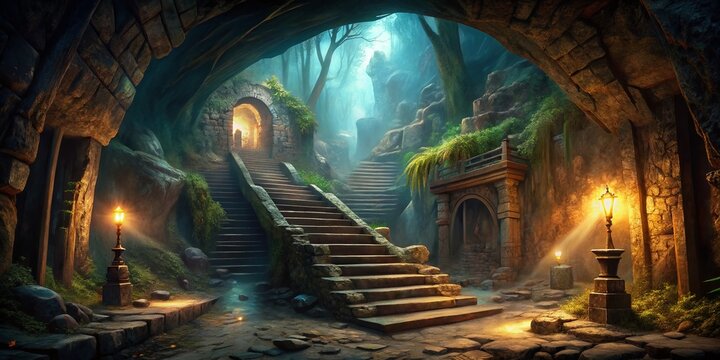 Subterranean Odyssey: Stairs descending into darkness, hidden tunnels, mysterious atmosphere, ancient artifacts