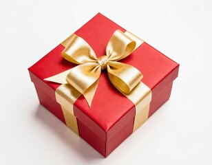 Obraz premium red gift box wrapped with gold bow and ribbon isolated on white background. Ai generated image.