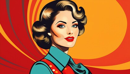 Portrait of an elegant woman of the 50s, with soft curls, red lipstick and stylish retro clothes, in vibrant pop art style.