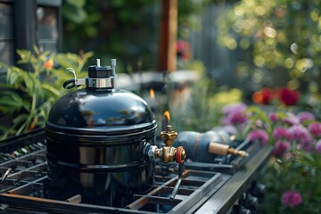 Elegant Outdoor Cooking Setup with a Black Gas Grill Surrounded by Lush Garden Blooms