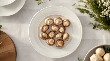 A top-down view of shiitake mushrooms on a white plate, surrounded by a clean kitchen setting