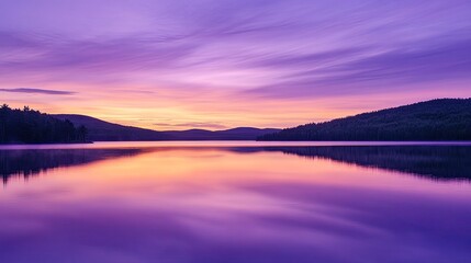 Obraz premium A tranquil purple-hued sunset over a calm lake, with reflections on the water's surface