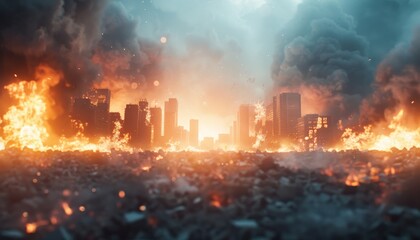 Fototapeta premium A city is on fire with a lot of smoke and ash by AI generated image