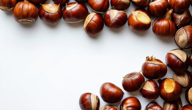 Casta&ntilde;as asadas distribuidas art&iacute;sticamente sobre un fondo blanco, creando un marco natural. Un concepto minimalista y elegante para un aperitivo oto&ntilde;al.