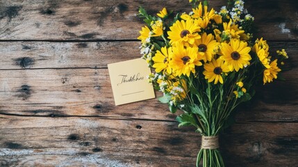 A yellow flower bouquet lying on a rustic wooden table, with a thank you note beside it