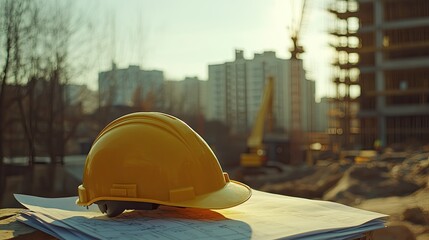 A yellow hard hat resting on a pile of blueprints at a construction site