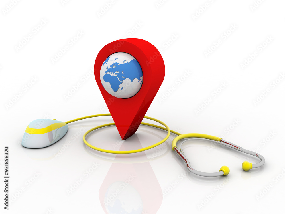 Poster 3d rendering red map pointer with mouse connected stethoscope