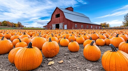 A large field of pumpkins with a barn in the background, AI
