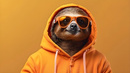 Fototapeta premium Cool sloth wearing an orange sweatshirt and stylish sunglasses is depicted by generative AI in a confident stance on a vivid yellow background.