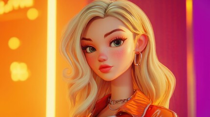 Stylish 3D blonde character on bright backdrop
