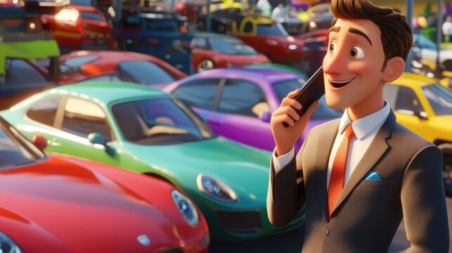 Joyful and accomplished animated character as a car salesman chats on the phone beside a colorful parking lot filled with cars