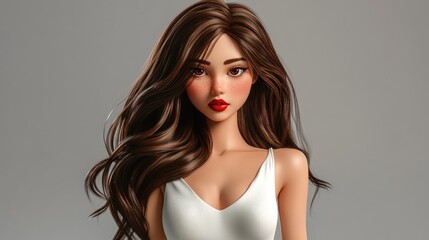 Fototapeta premium Stylish 3D Cartoon Character of a Young Woman with Long Brown Hair and Red Lips in a White Nightie Dress in a Studio with a Grey Background