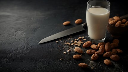 Glass of almond milk with almonds and knife on dark surface