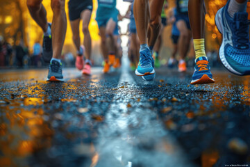 Diverse marathon runners finishing a city race