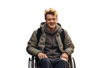 Young man in wheelchair, isolated on white background.