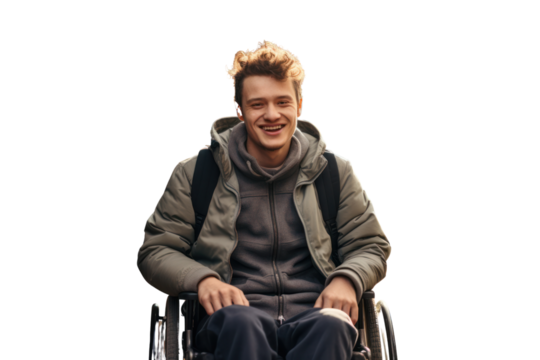 Young man in wheelchair, isolated on white background.