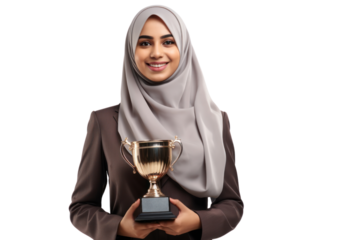 Young arabian woman receiving award for achievement, isolated on white background.