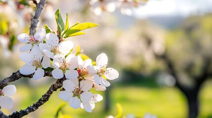 Close-up of almond trees in a field, with blossoms in full bloom