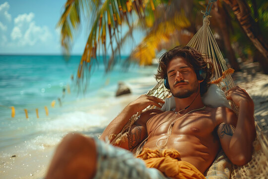 Relaxing Brazilian man in a hammock by the beach