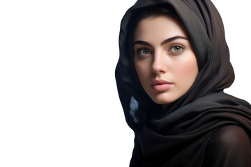 Young arabian woman inspires others, isolated on white background.