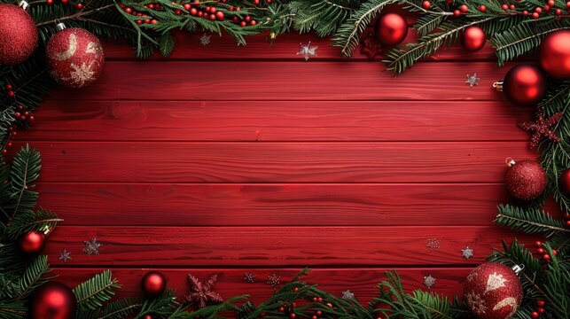 Christmas theme on red wooden surface with garland and decorations Artistic layout with space for text viewed from above Festive Christmas border
