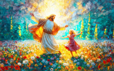 Painting of Jesus dancing with little girl