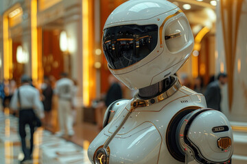 AI robots aiding guests in hotel lobby