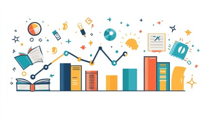 Education infographic of a student's achievement growth curve, featuring charts, books, and academic symbols, on white