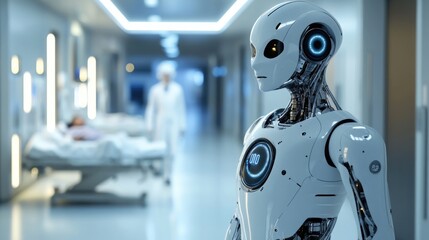 Futuristic robotic healthcare assistant providing care to a patient in a sleek modern hospital, symbolizing advanced human medical care