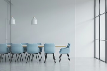 White glass wall in the modern office, light blue chairs around conference table, wooden floor, white background