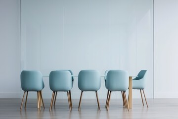 White glass wall in the modern office, light blue chairs around conference table, wooden floor, white background