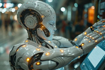 Fototapeta premium Humanoid robots install building utilities