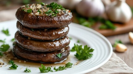 Shiitake mushrooms stacked on a white plate, with garlic cloves and parsley on the side
