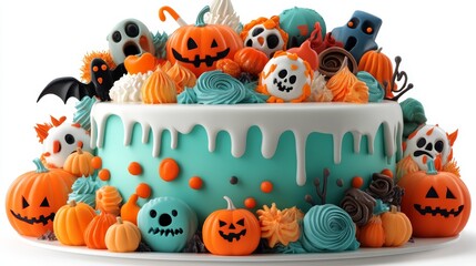 A cute Halloween image featuring candy corn, a pumpkin filled with candy, and festive decorations in vibrant yellow and orange colors