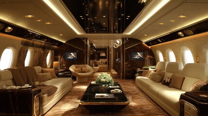 Luxurious Interior of a Private Airplane with Leather Seating and Golden Accents