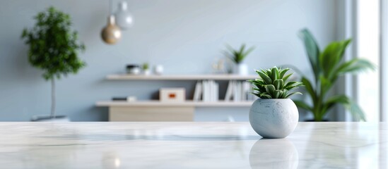 White marble countertop with a blurred background of a modern home office interior featuring a bookcase