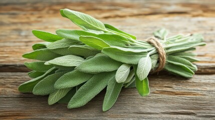 A Bundle of Fresh Sage Leaves on Rustic Wooden Surface