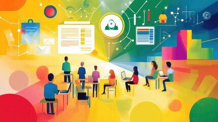 Infographic showing the stages of educational innovation from traditional to digital classrooms, set against a vibrant multicolored background