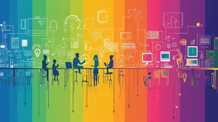 Infographic showing the stages of educational innovation from traditional to digital classrooms, set against a vibrant multicolored background
