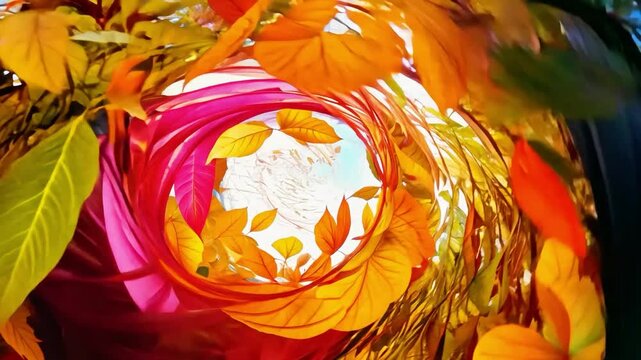 Swirling autumn leaves form a vibrant tunnel of colors in a serene park