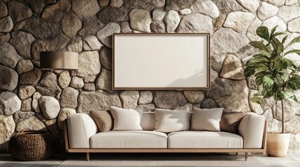 Modern Living Room with Beige Sofa Against a Stone Wall
