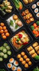 A black plastic food container filled with chicken balls, rice, and vegetables is seen in the middle of an array of other healthy meal boxes