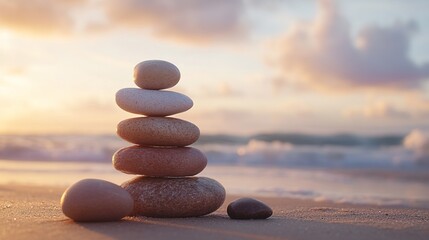 A 3D image featuring a tower of stacked Zen stones perfectly balanced on a smooth surface, with a gentle beach scene in the background, including sandy shores and a distant horizon