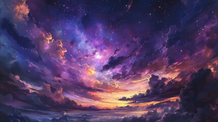 A Purple and Orange Sky with Clouds and Stars