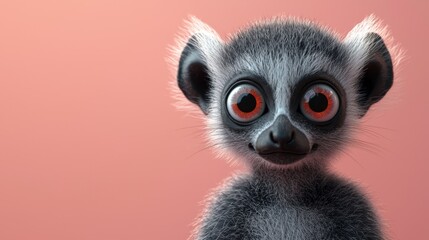 A 3D lemur with big eyes and a soft pastel background on the right, representing the curious and playful nature of these zoo animals, 