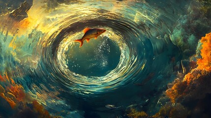 Surreal Leaping Fish in Abstract Aquatic Landscape