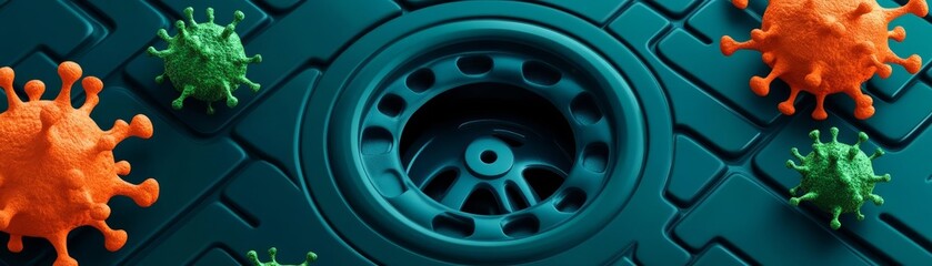 Microbial growth around drain, crisp details, striking orange and green, flat design illustration